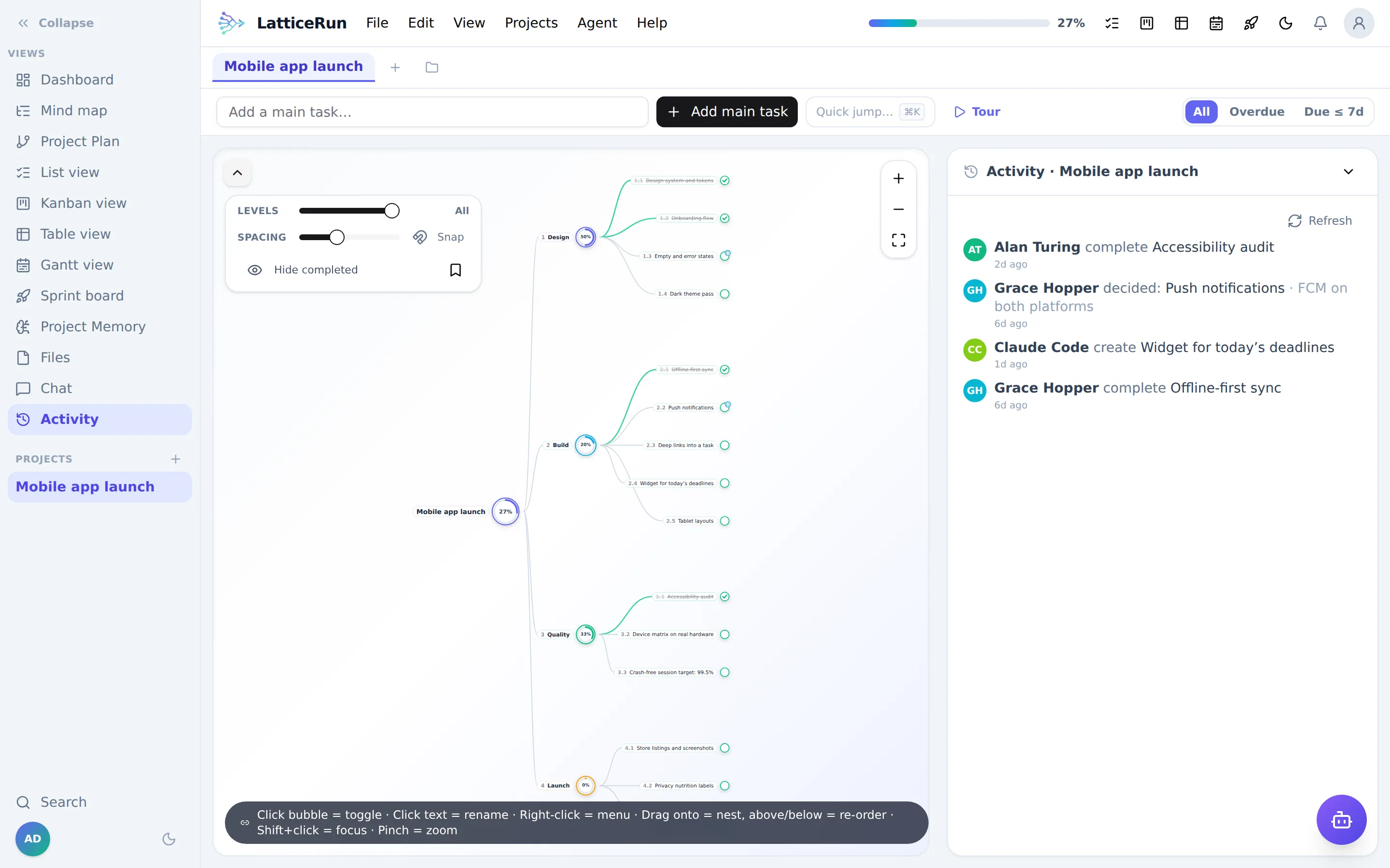 The LatticeRun activity feed showing human and agent actions