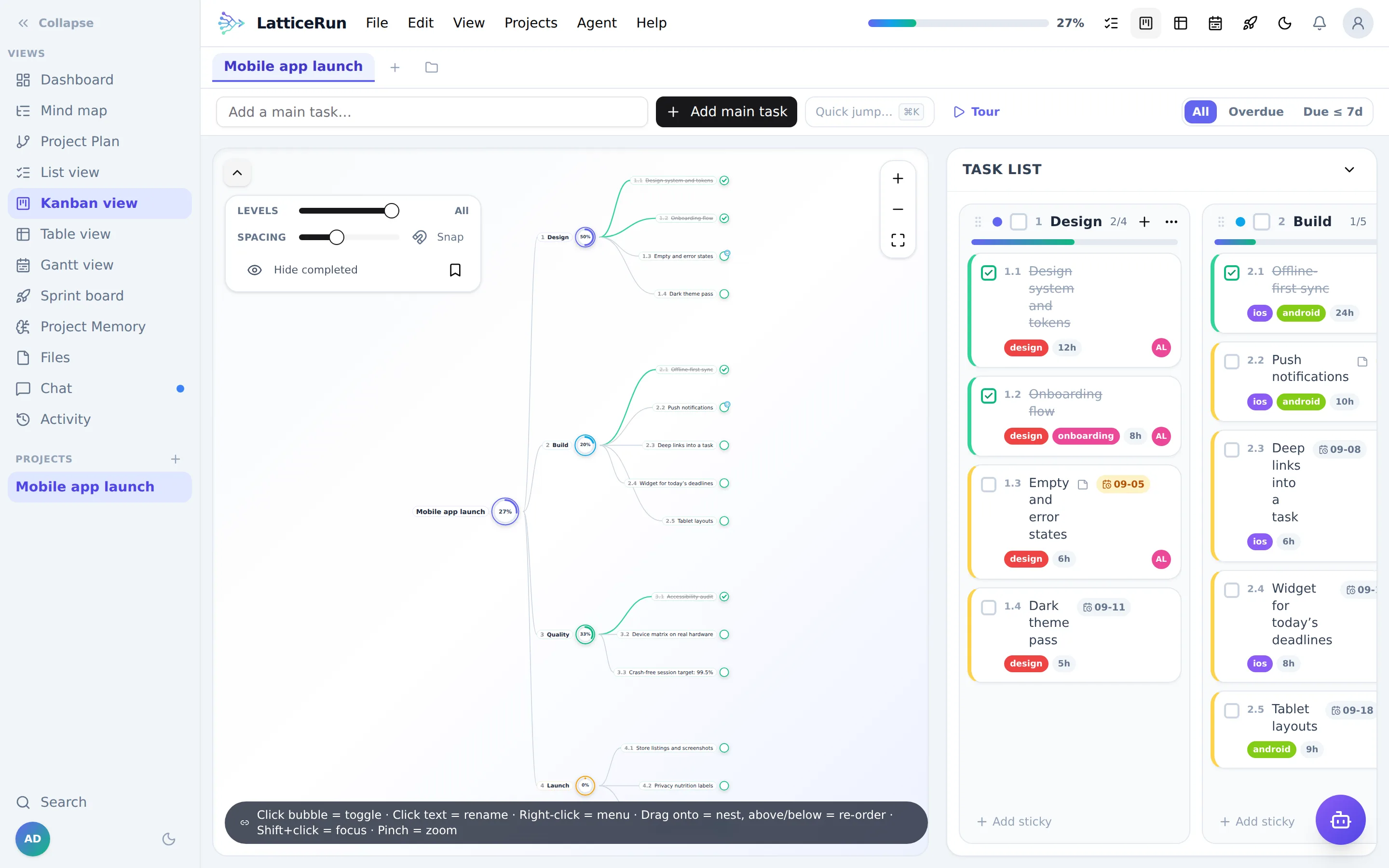 LatticeRun Workstreams with tags and assignee avatars