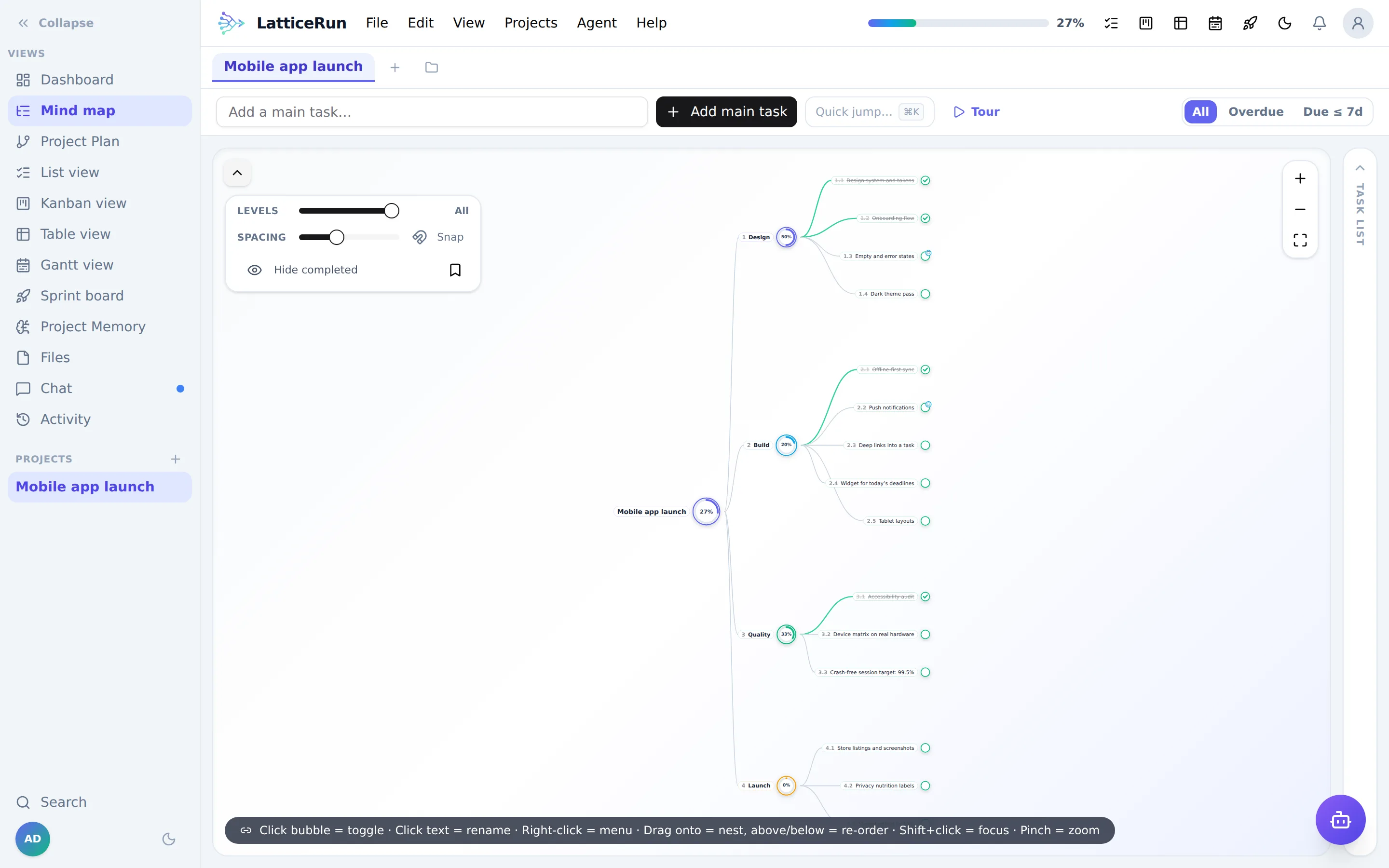 The LatticeRun mind map with progress bubbles across a task tree