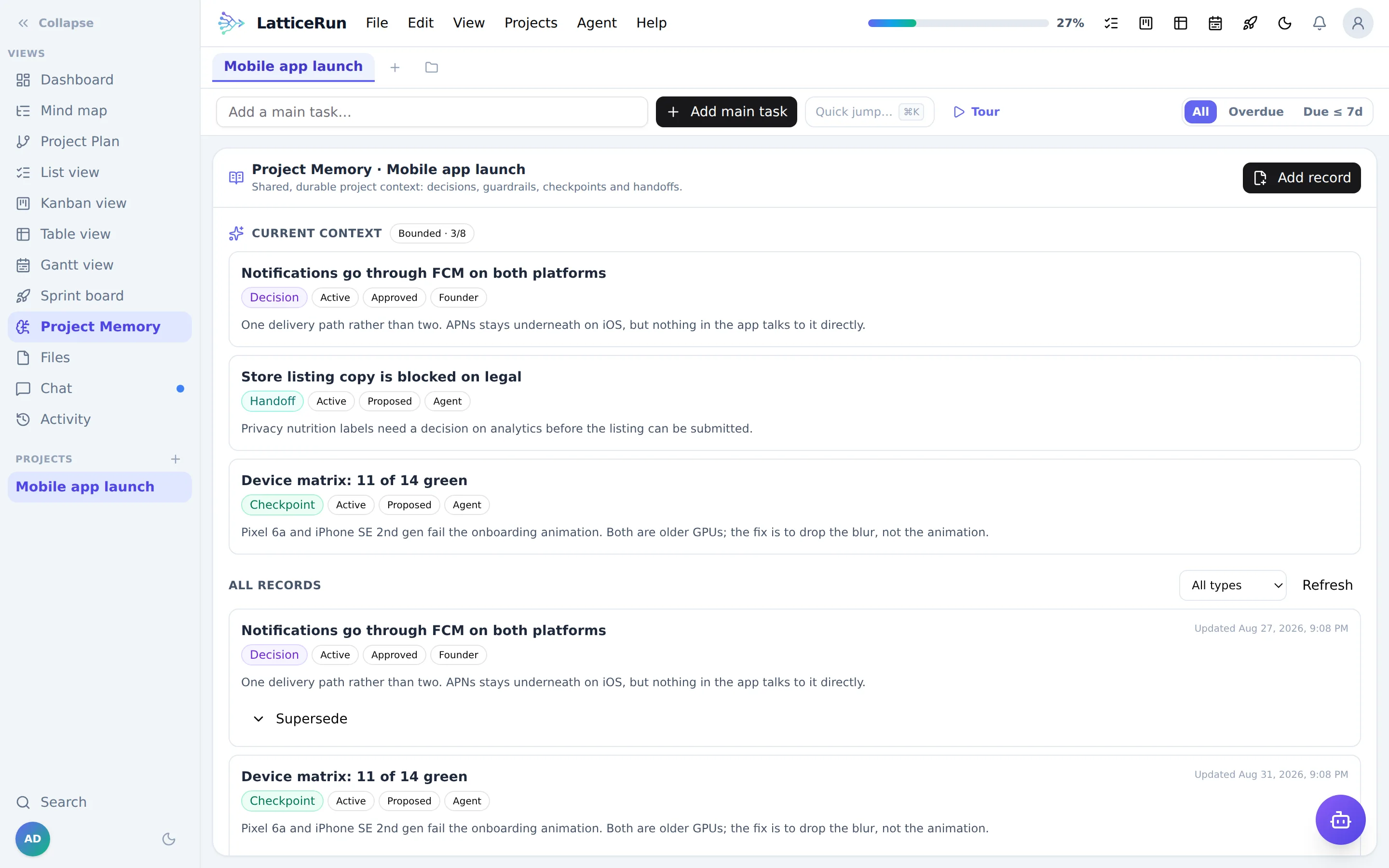 LatticeRun Project Memory listing decisions, checkpoints and handoffs